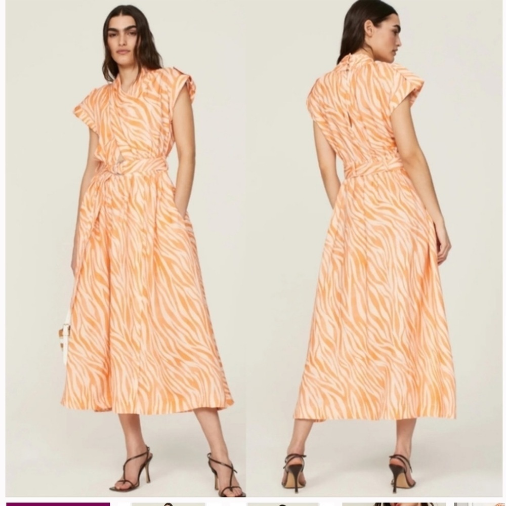 Derek Lam Collective Cross Front Linen Midi Dress Size 44 Orange Zebra